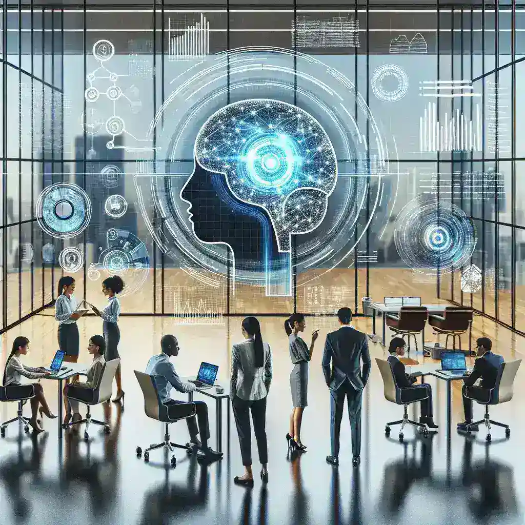 "Team collaborating on project coordination using AI tools, showcasing a modern workspace with digital devices and software solutions for effective communication and task management."