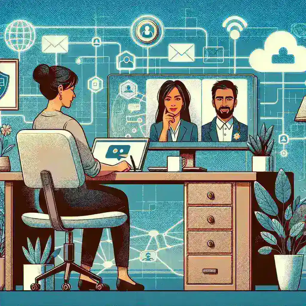 "Illustration of various digital tools and devices, including laptops, tablets, and communication apps, representing technology for remote work in an article about effective strategies for working remotely."