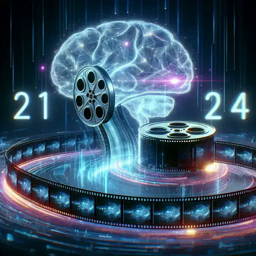 "AI tools transforming video creation in 2024, featuring innovative software interface showcasing automated editing features and AI-generated visual effects."